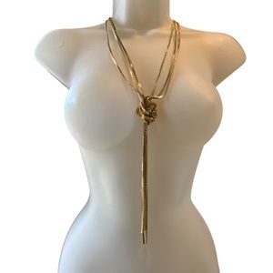 Gold Tone Long Necklace Knotted Strands of Gold Chain With Adjustable Clasp